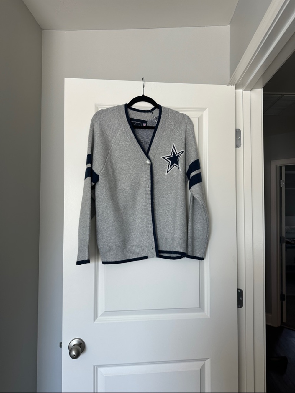 Abercrombie & Fitch Dallas Cowboys Grey Wool Cardigan with Navy Trim